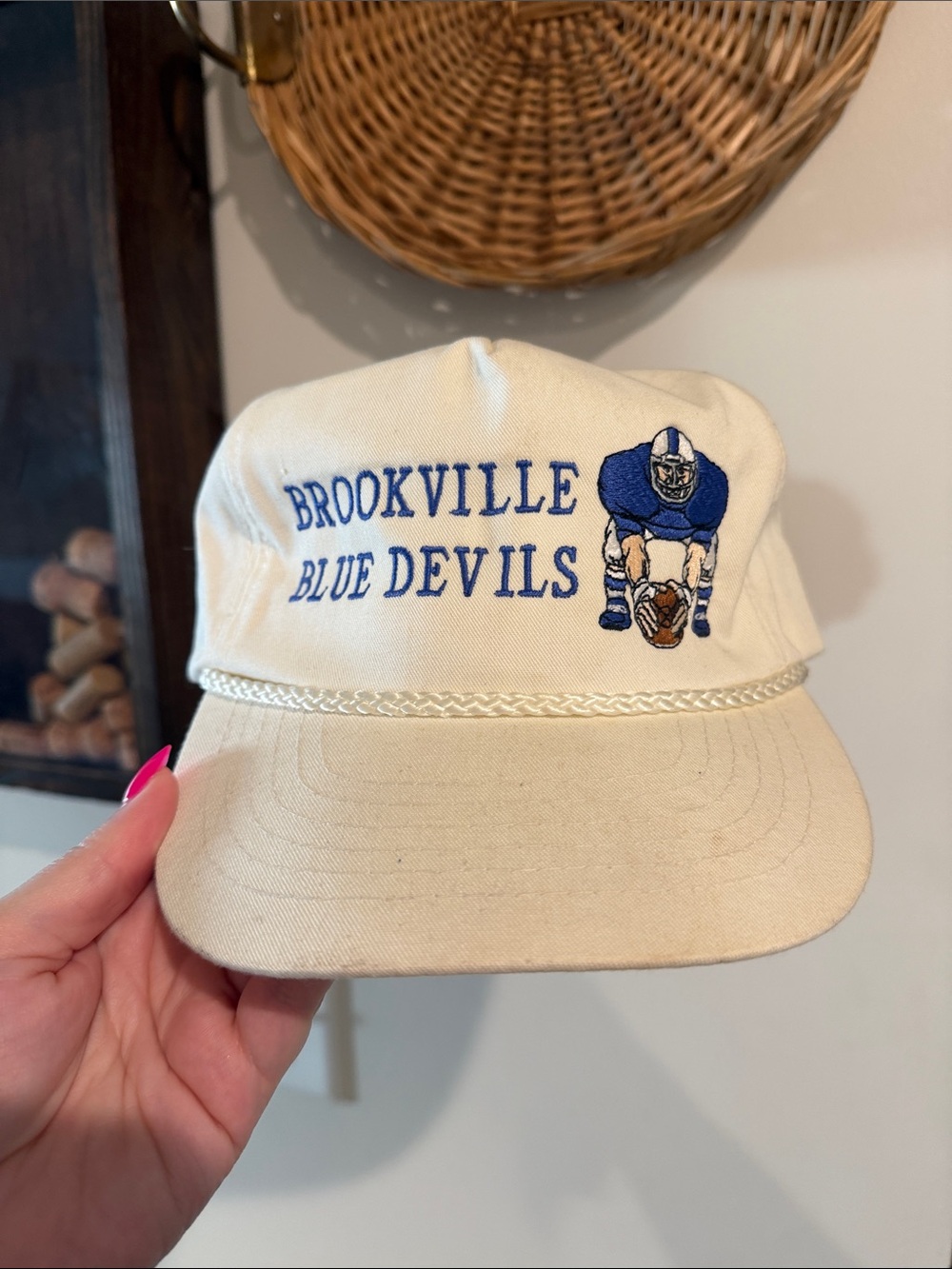 🏈 Vintage 80s 90s Brookville Blue Devils Football Rope Hat San Sun Snapback